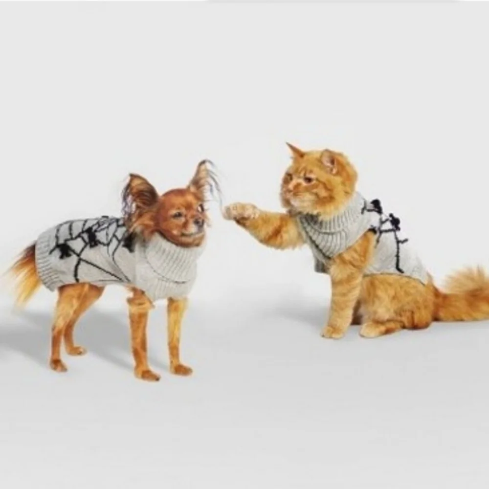 Hyde and Eek! Pet Spiderweb Grey Knit Sweater Halloween Fall October 3D Spiders